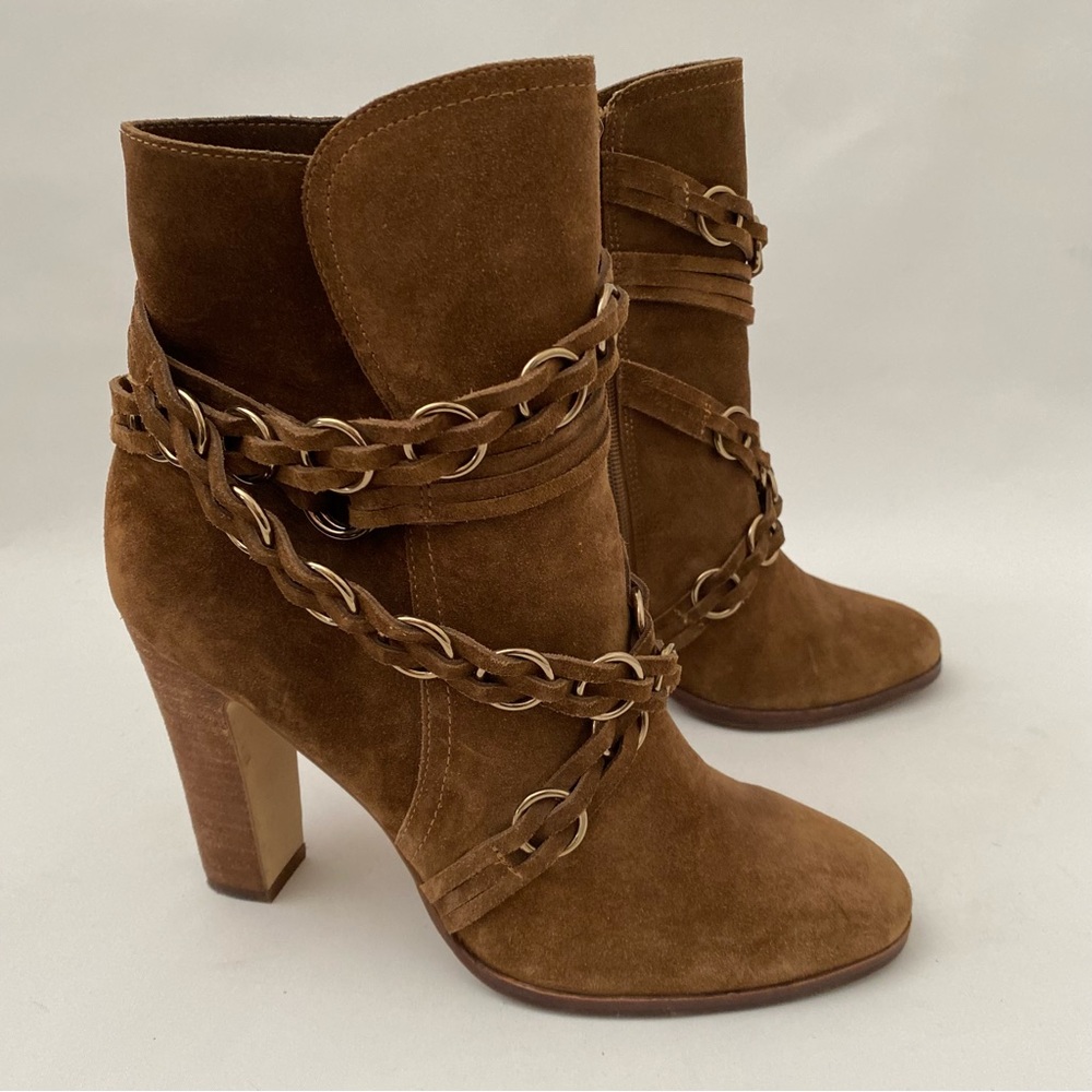 VC John Camuto Chain Wrap Brown Suede Leather Ankle Boots Booties 9 M